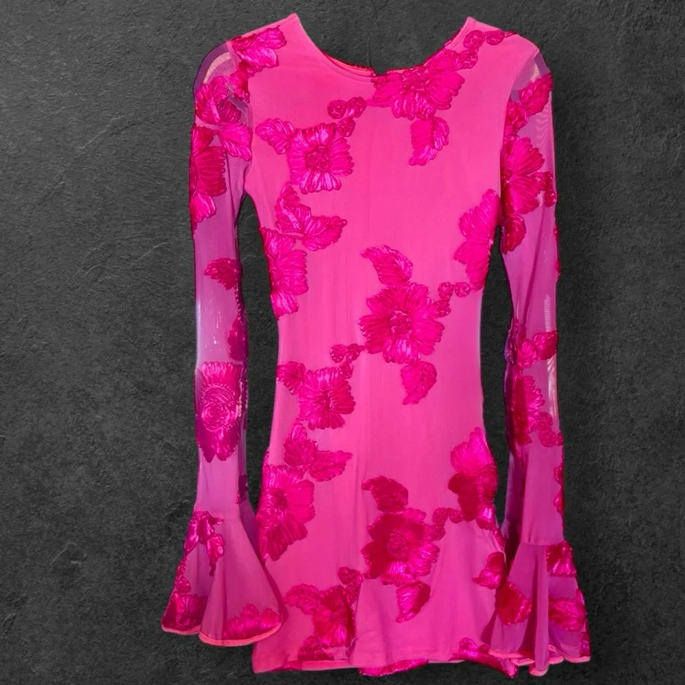 Limited Fuchsia Satin Pink 3D Inlay Bodycon Fit & Flare Mini Dress - Picture 1 of 3
